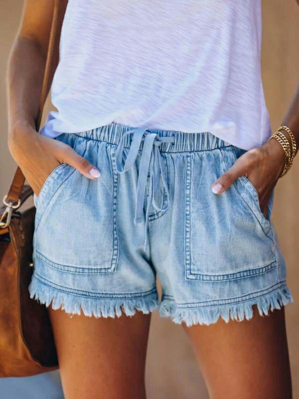 Womens 10 Colors Casual Drawstring High Waisted Denim Fringed Shorts | Bottoms Bottoms Bottoms