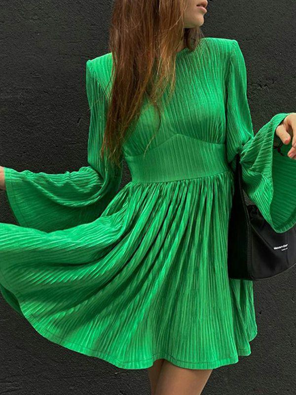 Womens A-line Flared Sleeves High-Waisted Pleated Solid Color Zipper Round-neck Mini Dresses | Dresses Clothing Dresses