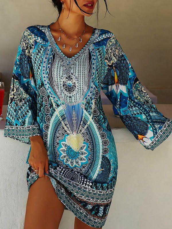 Womens A-Line Flared Sleeves Printed Split-Joint V-Neck Mini Dresses | Dresses Clothing Dresses