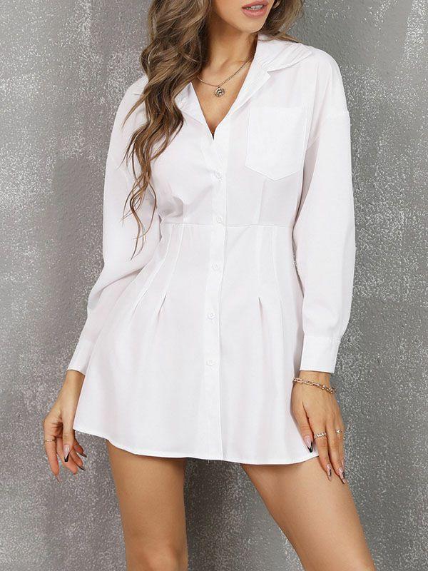 Womens A-Line High Waisted Buttoned No Belt Pleated Pockets Solid Color Notched Collar Mini Dresses Shirt Dress | Dresses Clothing Dresses