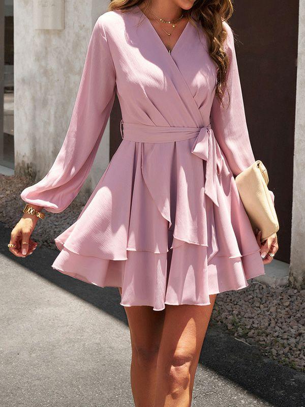 Womens A-Line High Waisted Ruffled Solid Color Tied Waist V-Neck Mini Dresses | Dresses Clothing Dresses