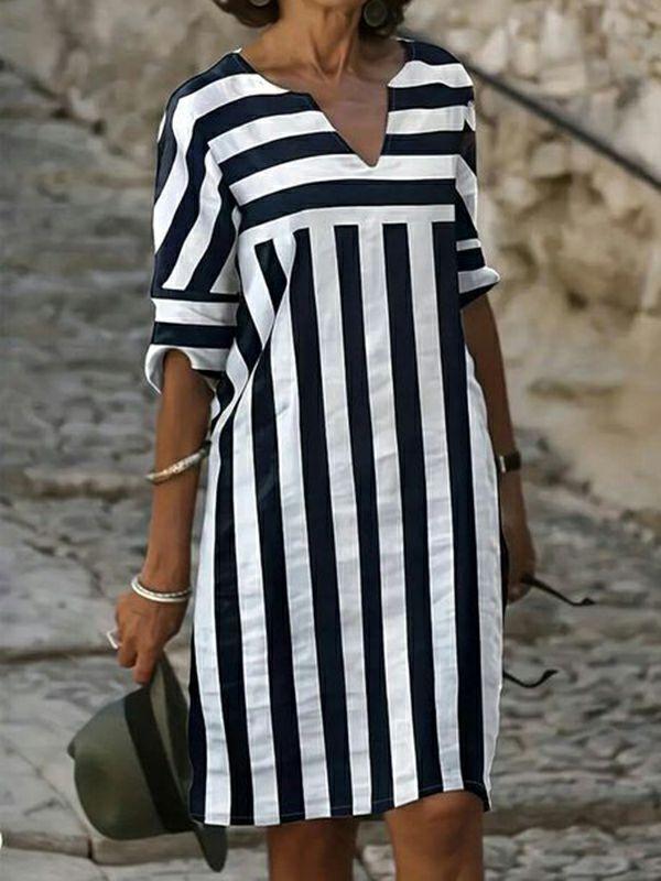 Womens A-Line Loose Contrast Color Striped V-Neck Mini Dresses | Dresses Clothing Dresses