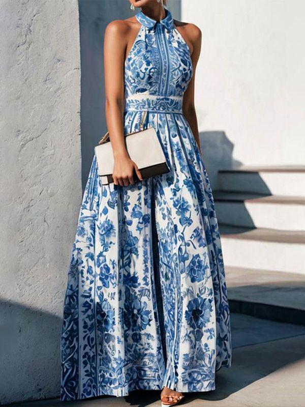 Womens A-Line Loose Flower Print Split-Joint Lapel Maxi Dresses | Dresses Clothing Dresses