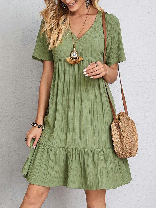 Womens A-Line Loose Pleated Solid Color Split-Joint V-Neck Mini Dresses | Dresses Clothing Dresses