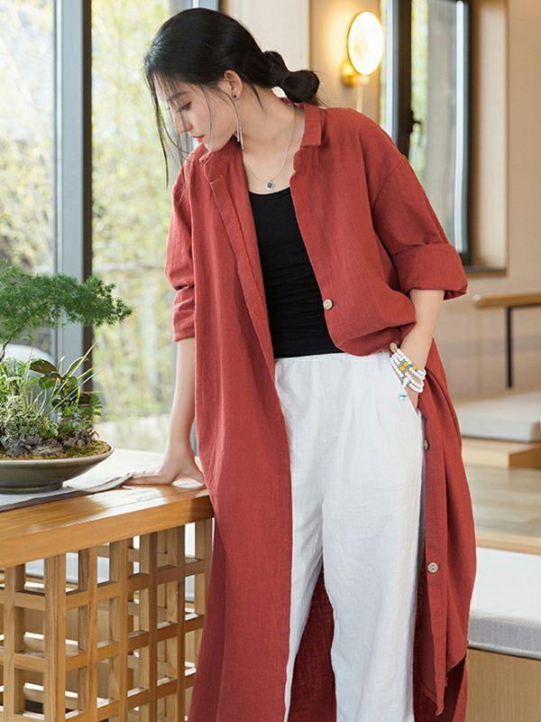 Womens Artistic Retro Loose Simple Casual Solid Color Ramie Trench Coat | Tops Clothing Tops