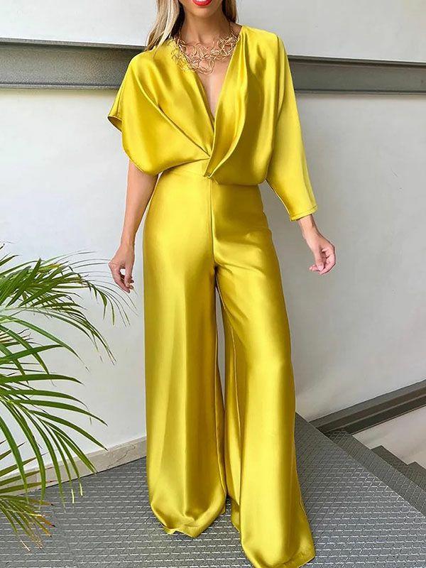 Womens Asymmetric Solid Color Deep V-Neck Jumpsuits | Two Pieces Set & Jumpsuits Clothing Two Pieces Set & Jumpsuits