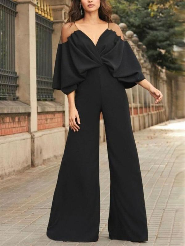 Womens Batwing Sleeves Loose Solid Color Split-Joint Deep V-Neck Jumpsuits Bottoms | Two Pieces Set & Jumpsuits Clothing Two Pieces Set & Jumpsuits