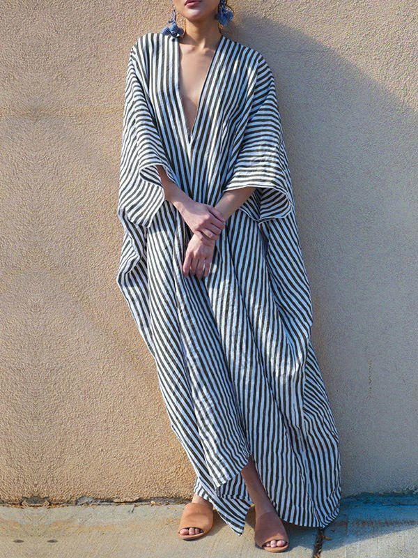 Womens Batwing Sleeves Loose Striped V-Back Deep V-Neck Maxi Dresses | Dresses Clothing Dresses