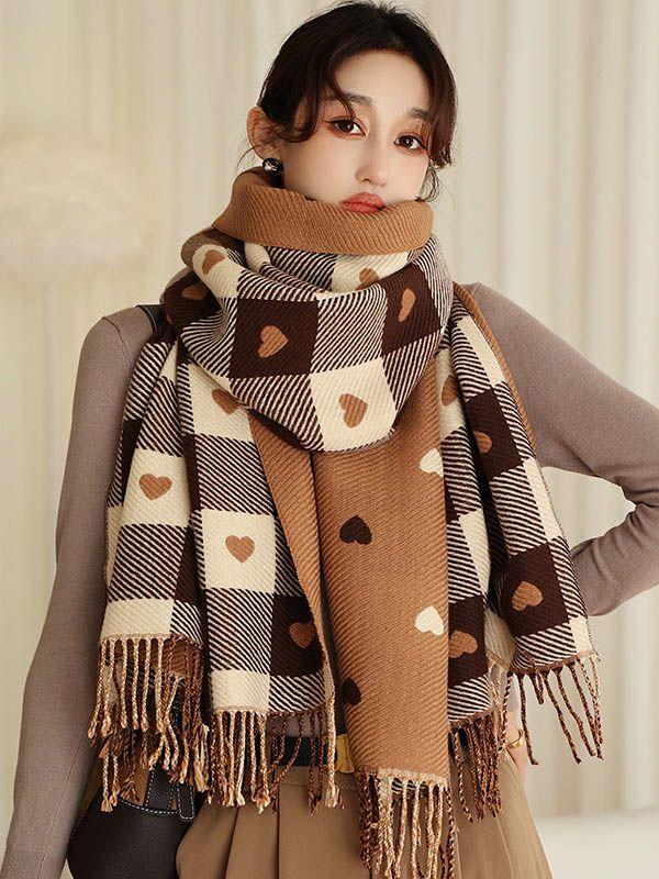 Womens Casual Contrast Color Heart Plaid Jacquard Shawl&Scarf | Accessories Accessories Accessories