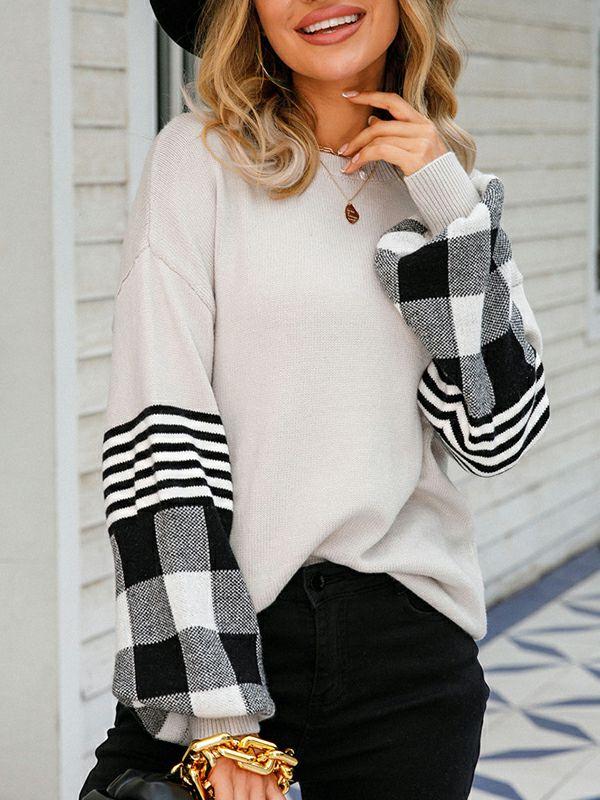 Womens Casual Long Sleeves Loose Checkered Round-Neck Sweater Tops | Tops Clothing Tops