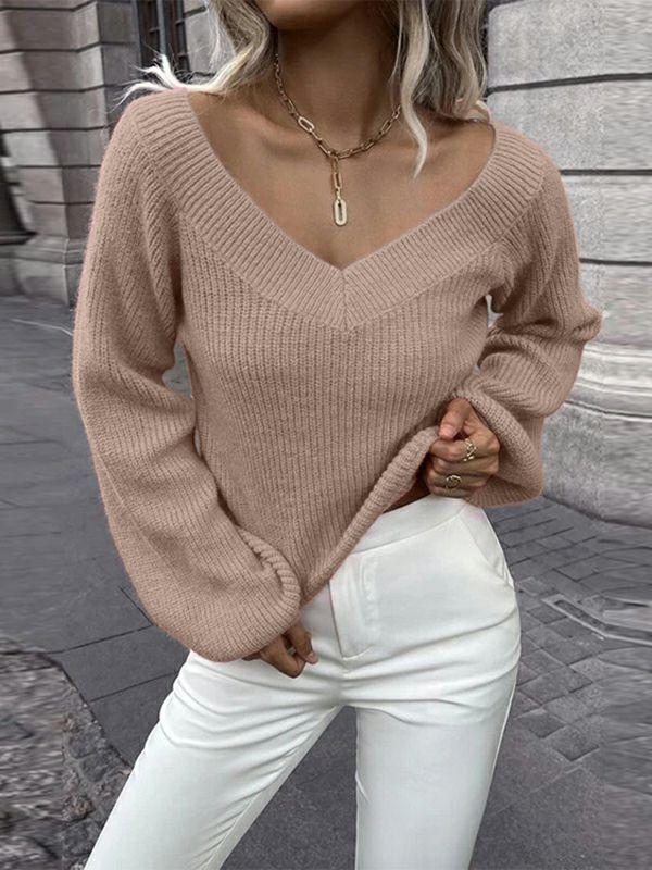 Womens Casual Long Sleeves Loose Solid Color V-Neck Sweater Tops | Tops Clothing Tops