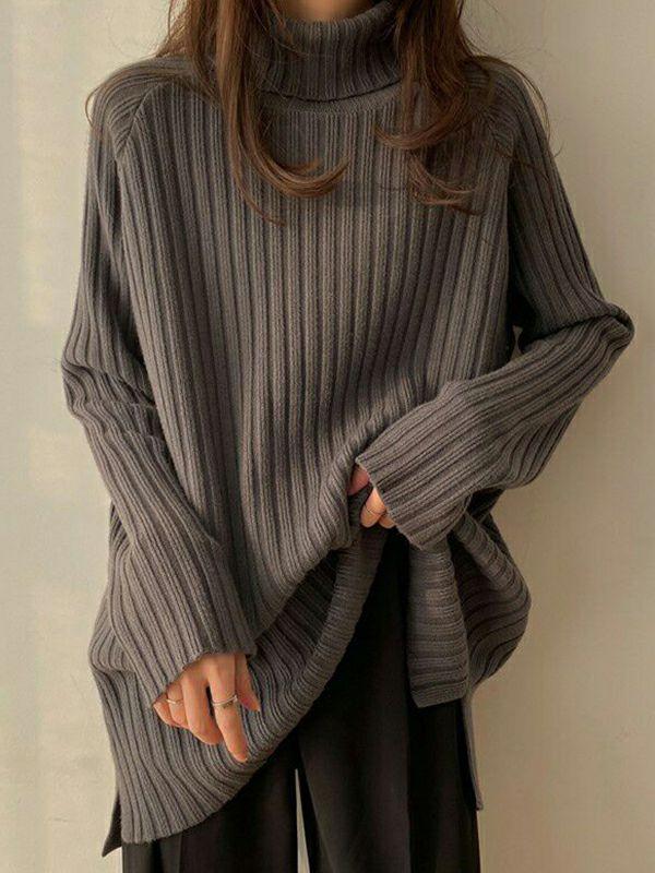 Womens Casual Long Sleeves Loose Split-Side Solid Color High-Neck Sweater Tops | Tops Clothing Tops