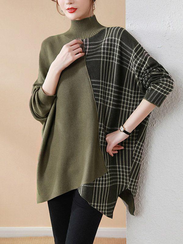 Womens Casual Loose 3 Colors Split-Joint Plaid High-Neck Batwing Long Sleeves Sweater Top | Tops Clothing Tops