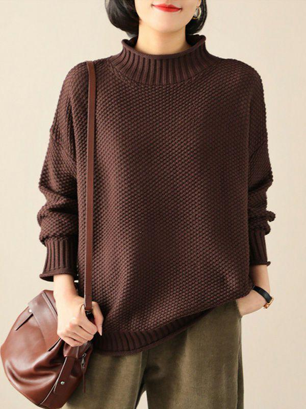 Womens Casual Loose Long Sleeves Solid Color High-Neck Sweater Tops | Tops Clothing Tops