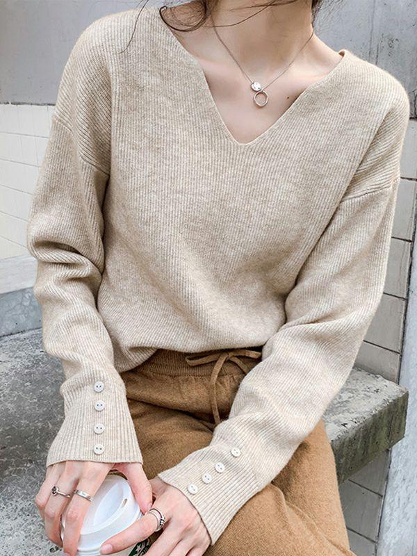 Womens Casual Loose Long Sleeves Solid Color V-Neck Sweater Tops | Tops Clothing Tops