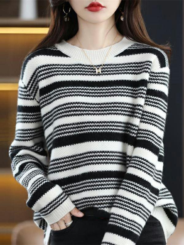 Womens Casual Loose Long Sleeves Striped Round-Neck Sweater Tops | Tops Clothing Tops