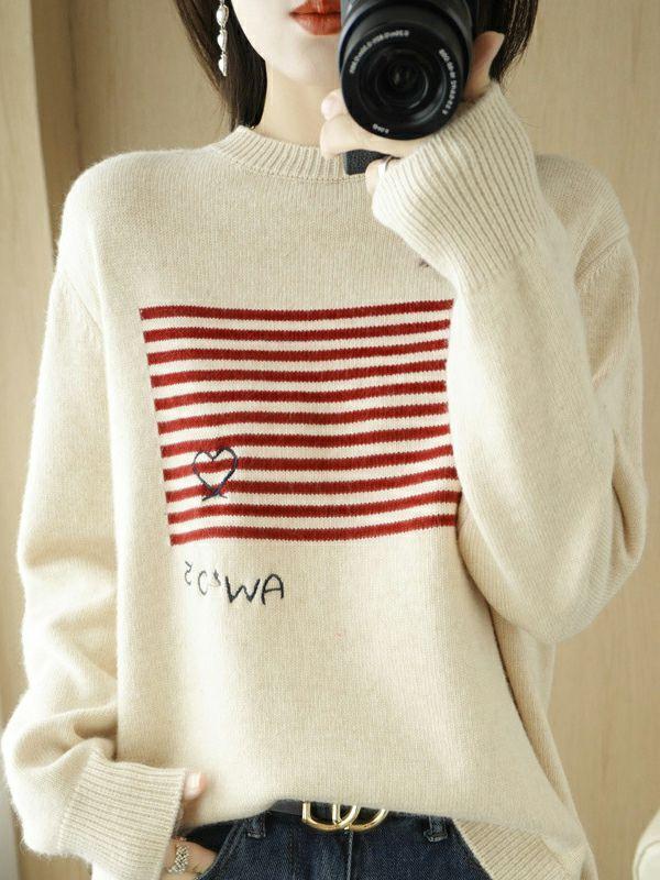 Womens Casual Loose Long Sleeves Striped Round-Neck Sweater Tops | Tops Clothing Tops