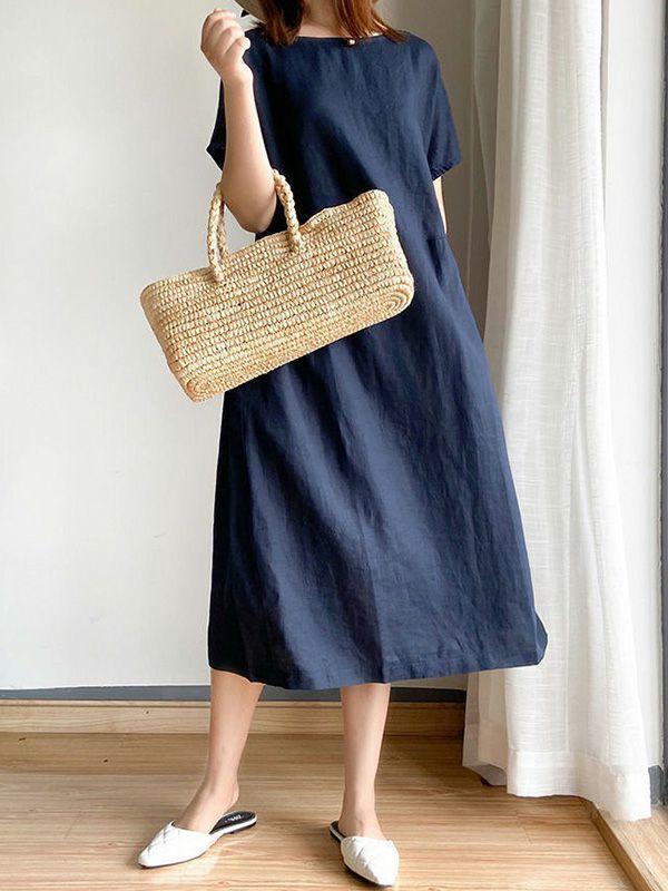 Womens Casual Loose Solid Color Round-Neck Midi Dresses | Dresses Clothing Dresses