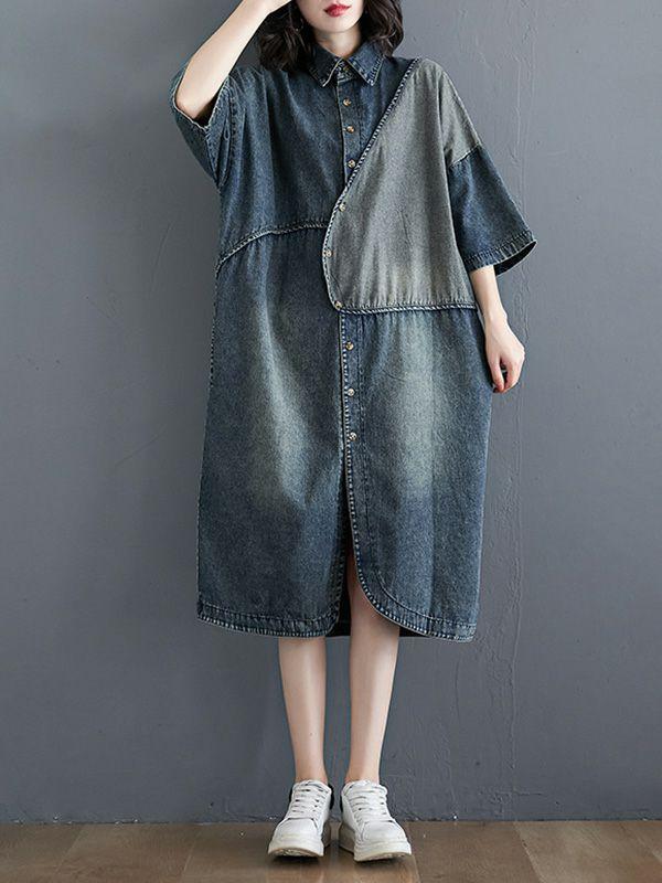 Womens Denim Split-Joint Plus Size Half Sleeve Lapel Shirt Dress | Dresses Clothing Dresses