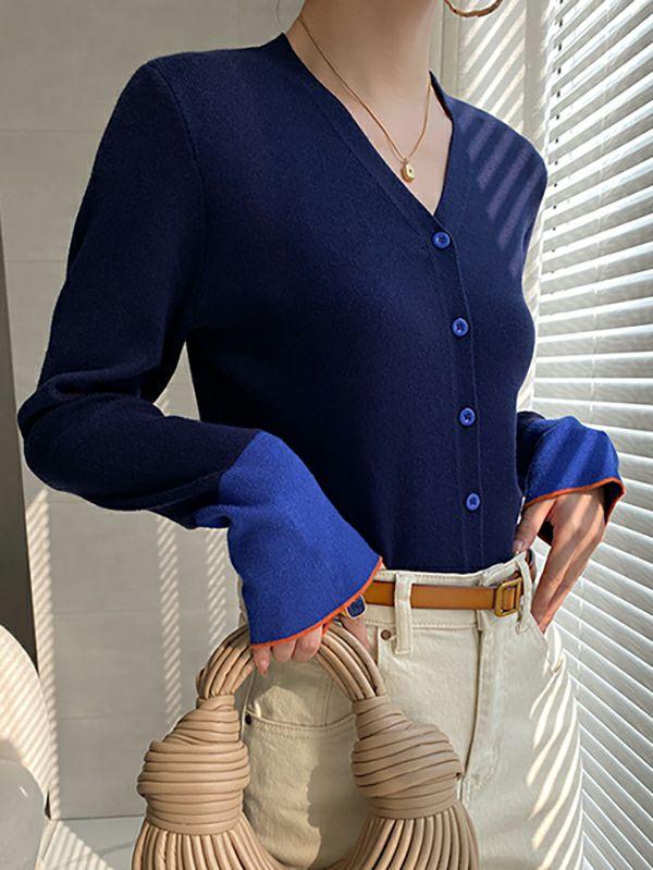 Womens Flared Sleeves Long Sleeves Buttoned Contrast Color Split-Joint V-Neck Cardigan Tops | Tops Cardigans Tops