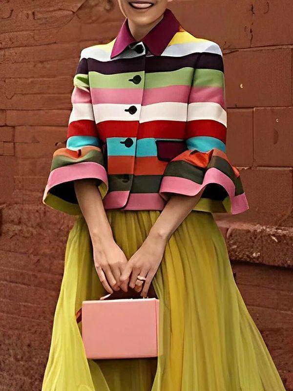 Womens Flared Sleeves Multi-Colored Striped Lapel Jackets Outerwear | Tops Clothing Tops