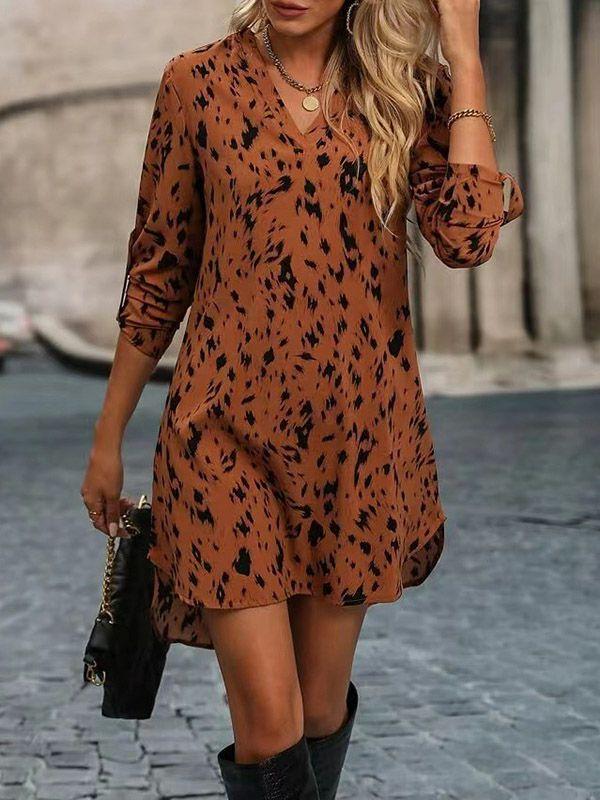 Womens High-Low Long Sleeves Leopard V-Neck Mini Dresses | Dresses Clothing Dresses