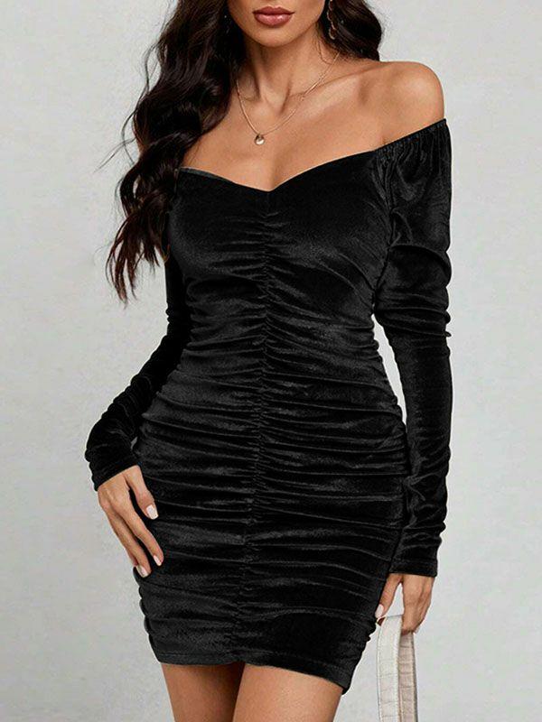 Womens High Waisted Long Sleeves Pleated Solid Color Velvet Off-The-Shoulder Mini Dresses | Dresses Clothing Dresses