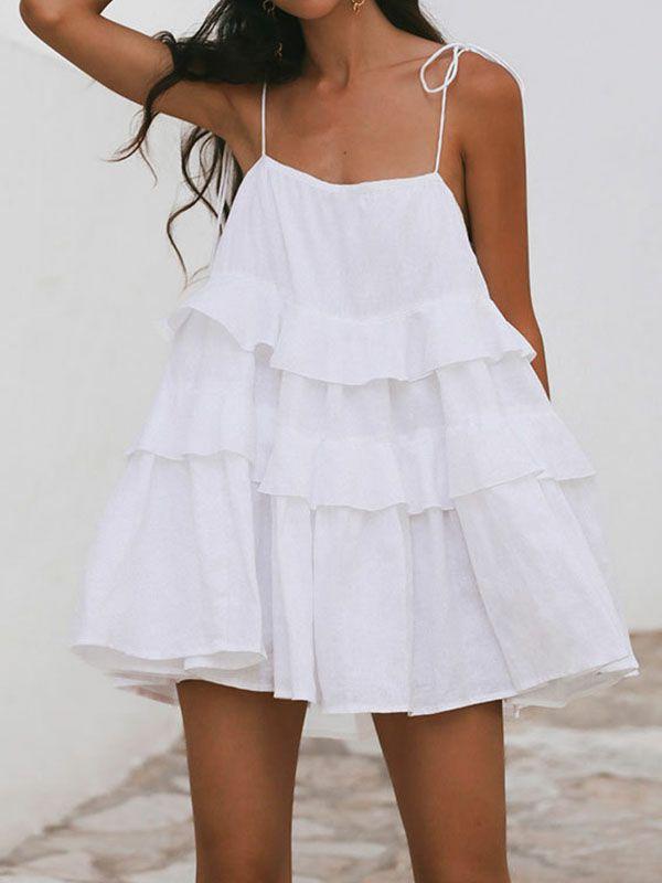 Womens High Waisted Loose Backless Layered Pleated Solid Color Tied Spaghetti-Neck Mini Dresses | Dresses Clothing Dresses