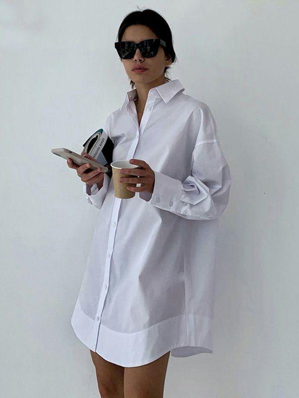 Womens Leisure Fashion Loose Long Sleeves Solid Color Lapel Collar Shirt Dresses | Dresses Blouses Dresses