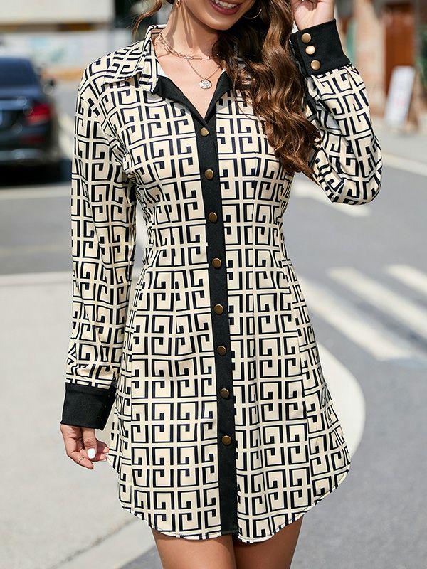 Womens Long Sleeves Buttoned Contrast Color Printed Lapel Mini Dresses | Dresses Clothing Dresses