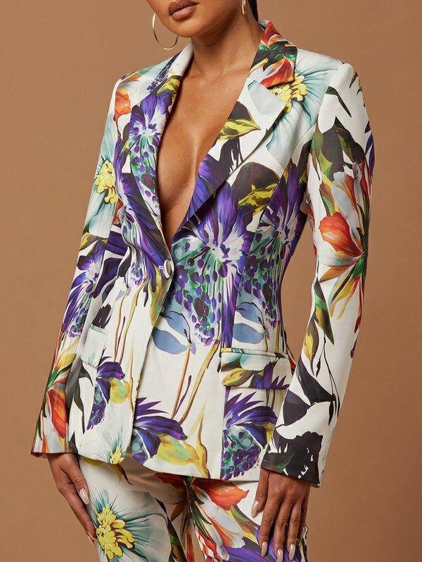 Womens Long Sleeves Floral Printed Split-Joint Lapel Blazer Suit Outerwear | Tops Clothing Tops