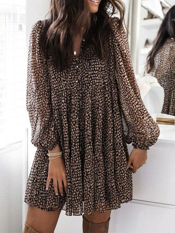 Womens Long Sleeves Loose Buttoned Leopard Pleated V-Neck Mini Dresses | Dresses Clothing Dresses