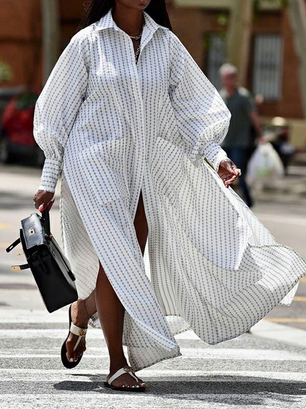 Womens Long Sleeves Loose Buttoned Split-Side Striped Lapel Maxi Dresses Shirt Dress | Dresses Clothing Dresses