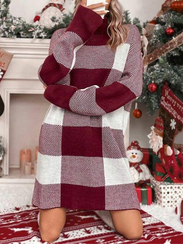 Womens Long Sleeves Loose Contrast Color Plaid High Neck Mini Dresses Sweater Dresses | Dresses Clothing Dresses