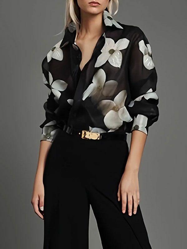 Womens Long Sleeves Loose Floral Printed Lapel Blouses | Tops Blouses Tops