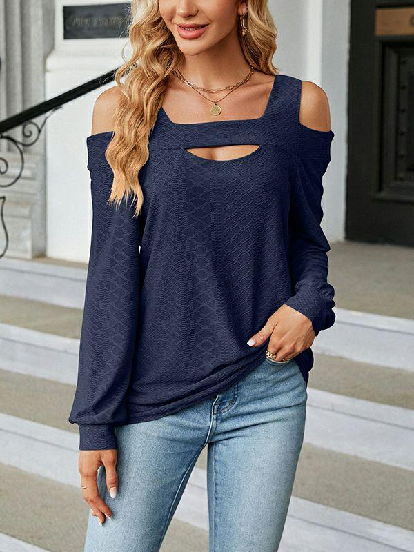 Womens Long Sleeves Loose Hollow Jacquard Solid Color U-Neck T-Shirts Tops | Tops Clothing Tops