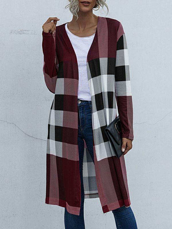 Womens Long Sleeves Loose Plaid Collarless Outerwear | Tops Clothing Tops