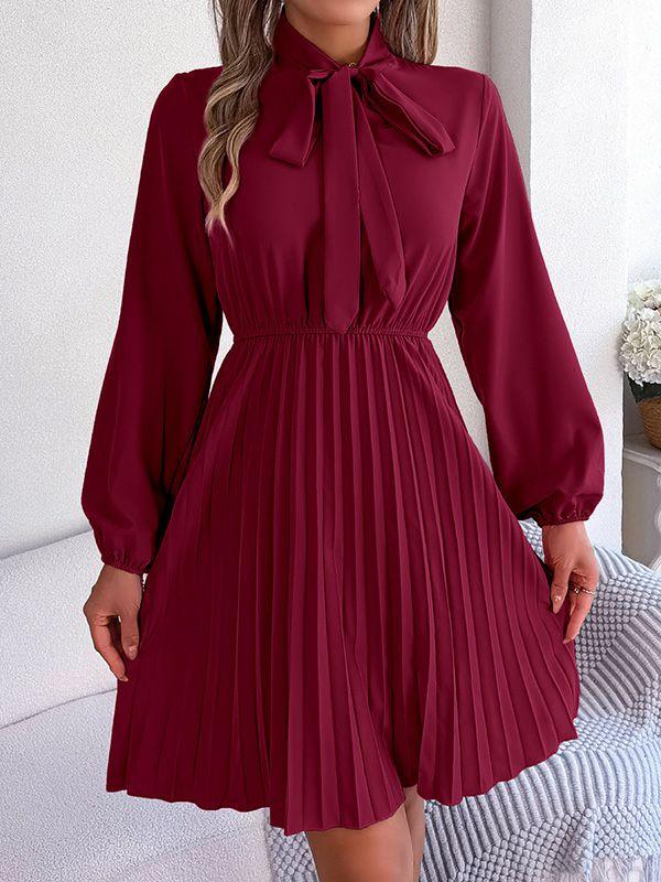 Womens Long Sleeves Loose Pleated Solid Color Tied Mock Neck Mini Dresses | Dresses Clothing Dresses