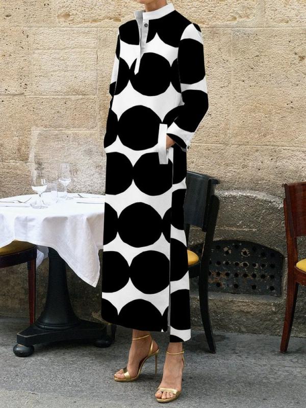 Womens Long Sleeves Loose Polka-Dot Split-Side Stand Collar Midi Dresses | Dresses Clothing Dresses