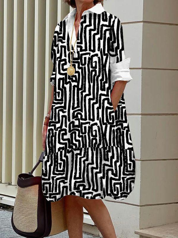 Womens Long Sleeves Loose Printed Split-Joint Lapel Midi Dresses Shirt Dress | Dresses Clothing Dresses