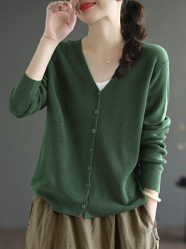 Womens Long Sleeves Loose Solid Color V-Neck Cardigan Tops | Tops Cardigans Tops