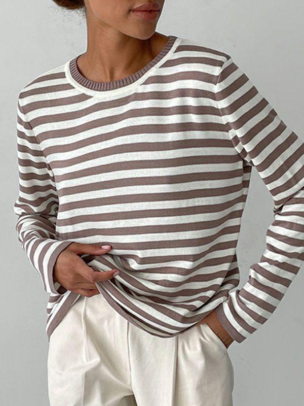 Womens Long Sleeves Loose Split-Joint Striped Round-Neck Sweater Tops | Tops Clothing Tops