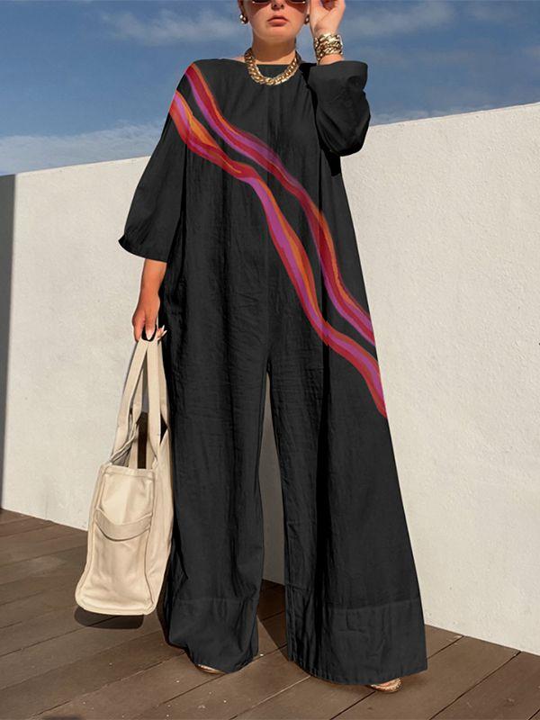 Womens Long Sleeves Loose Striped Jumpsuits | Two Pieces Set & Jumpsuits Clothing Two Pieces Set & Jumpsuits