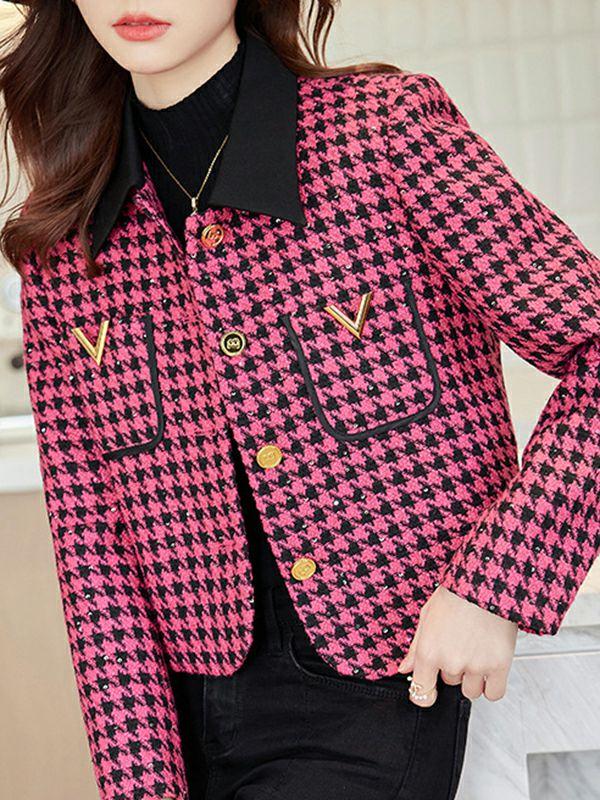 Womens Long Sleeves Plus Size Buttoned Houndstooth Pockets Split-Joint Lapel Outerwear | Tops Clothing Tops