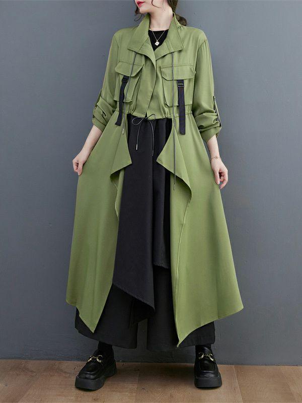 Womens Loose Long Sleeves Drawstring Split-Joint Lapel Trench Coats | Tops Clothing Tops