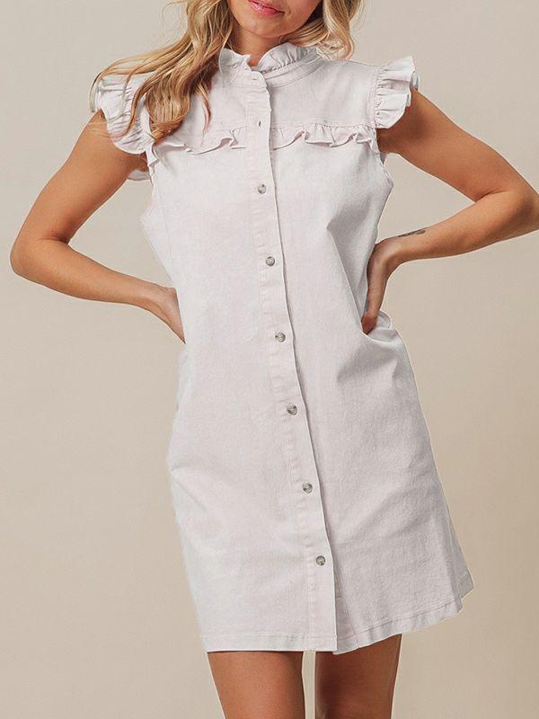 Womens Loose Ruffle Sleeves Buttoned Pleated Pockets Split-Joint Mock Neck Mini Dresses Shirt Dress | Dresses Clothing Dresses