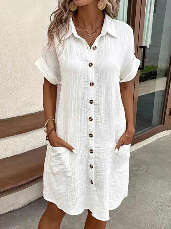 Womens Loose Short Sleeves Pleated Split-Joint Lapel Mini Dresses Shirt Dress | Dresses Clothing Dresses