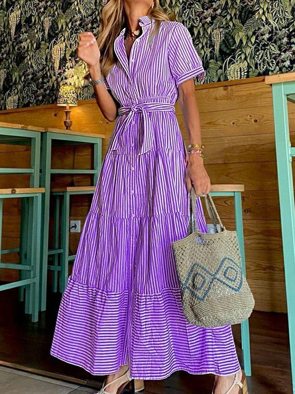 Womens Loose Short Sleeves Striped Lapel Maxi Dresses | Dresses Clothing Dresses