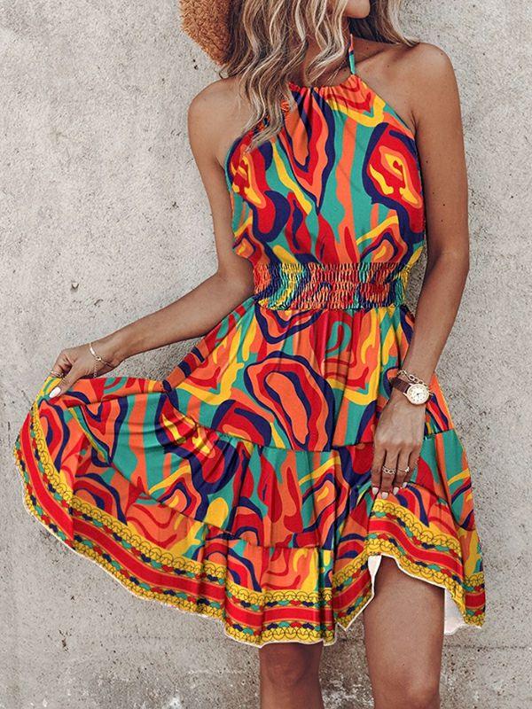 Womens Loose Sleeveless Color-Block Contrast Color Elasticity Split-Joint Halter-Neck Mini Dresses | Dresses Clothing Dresses