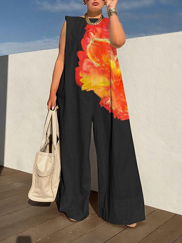 Womens Loose Sleeveless Flower Print Round-neck Jumpsuits | Two Pieces Set & Jumpsuits Clothing Two Pieces Set & Jumpsuits